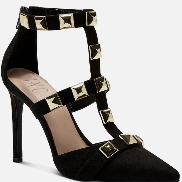 INC International Concepts Shoes - I.N.C. Syndiaf Black Studded Heels, Size 7M, Color-Black w/Gold Hardware